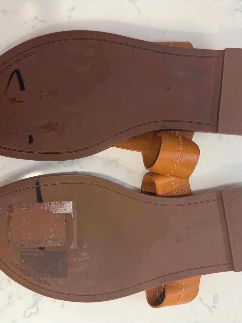 Tory Burch Cognac Leather Thong Sandals with Logo Hardware